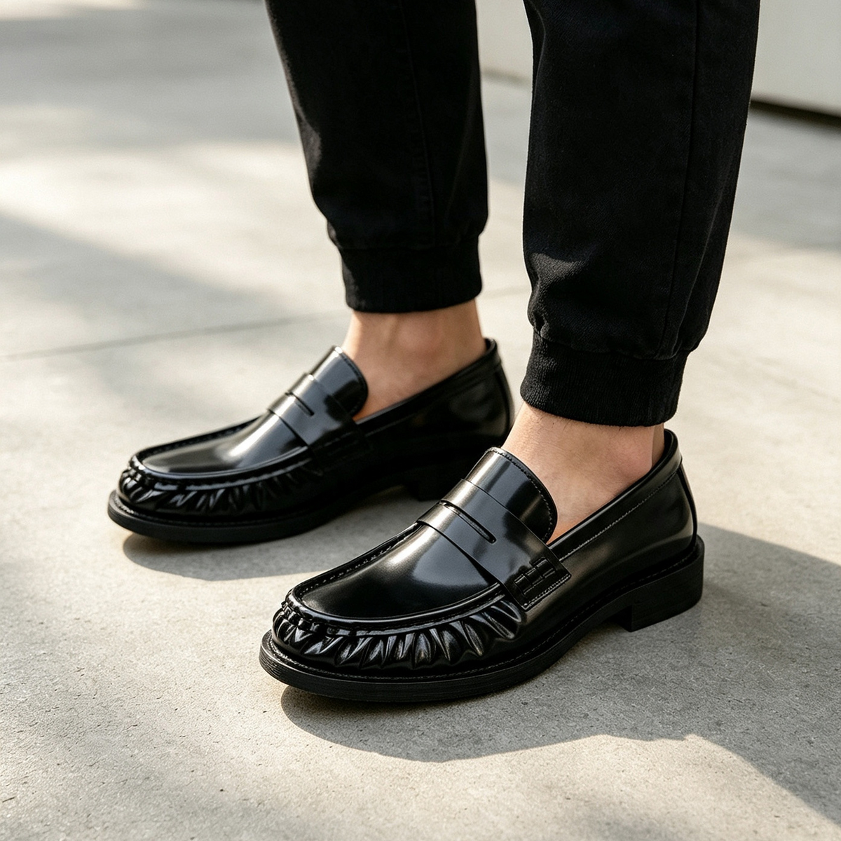 Black Polished Leather Penny Loafers