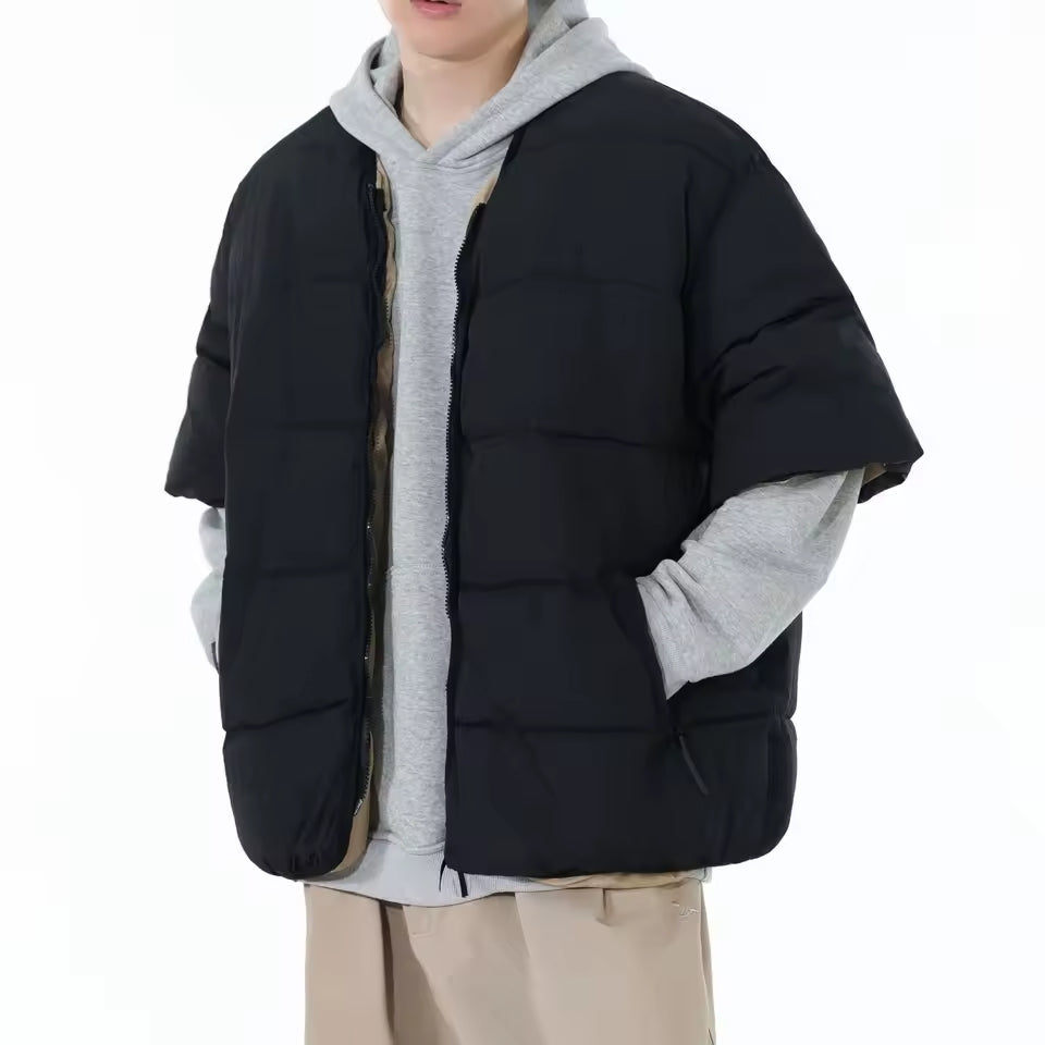 Black Quilted Short-Sleeve Puffer Jacket